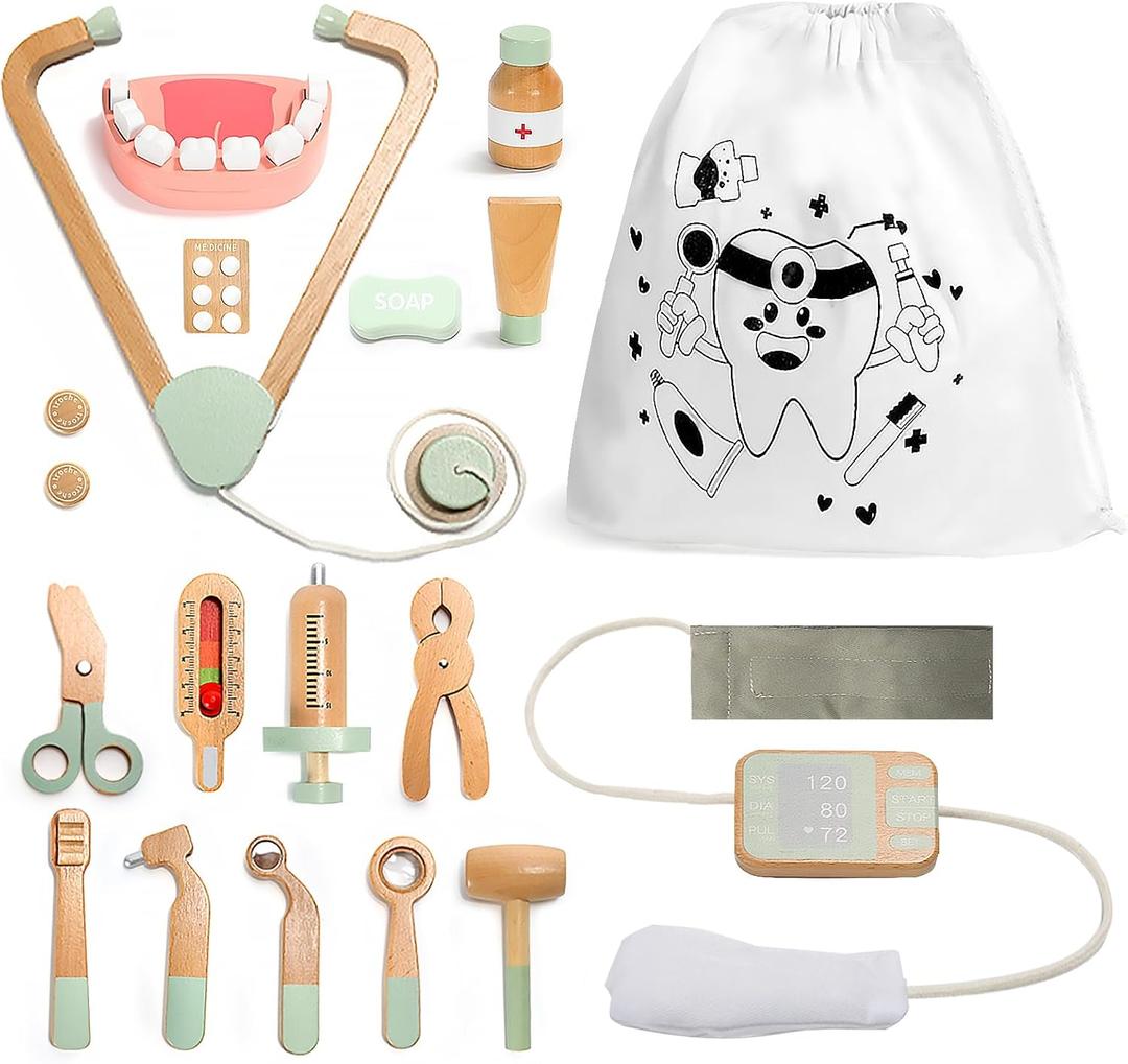 Wooden Doctor Kit for Kids, 19Pcs Pretend Play Dentist Toddlers Doctor Medical Toy Set with Stethoscope Syringe Thermometer Tooth Model and Carry Bag Montessori Role Play Gift for Boys Girls Ages 3+