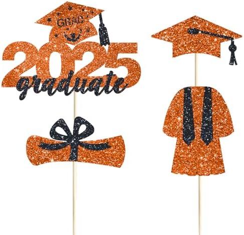 4 Pcs 2025 Graduate Cake Topper Orange Glitter Congrats Grad Cake Topper Class of 2025 Cake Decor for 2025 Senior High School/College/University Happy 2025 Graduation Party Supplies Decorations, Pack of 2