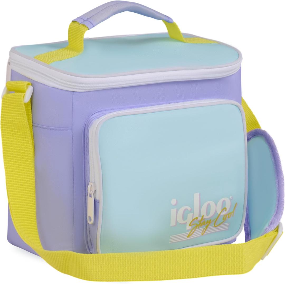 Igloo Retro 90s Lunch Coolers, Insulated Lunch Bag, Square Lunch Box Cooler with Front Pocket & Adjustable Strap (Lilac)