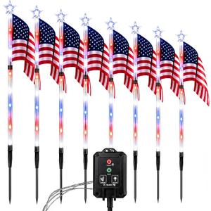 8 Connected in 1 Solar American Flag Pathway Lights Outdoor, Waterproof LED Stake Lights with 8 Modes, Red White Blue Patriotic Yard Decorations for 4th of July, Memorial Day Lawn Garden Decor