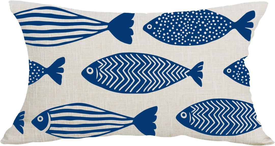 Cariwotan Ink Painting Watercolor Blue Fish Summer Gift Decorative Lumbar Pillowcase Throw Pillow Cover Case Chair Sofa Bed Home Decoration Cotton Linen Rectangular 12 x 20 Inches
