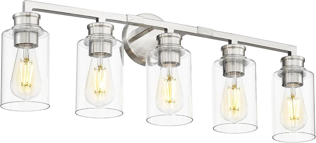 Emliviar 5-Light Brushed Nickel Vanity Light for Bathroom, Modern Vanity Sconce Over Mirror with Clear Glass Shade, YCE253B-5W BN