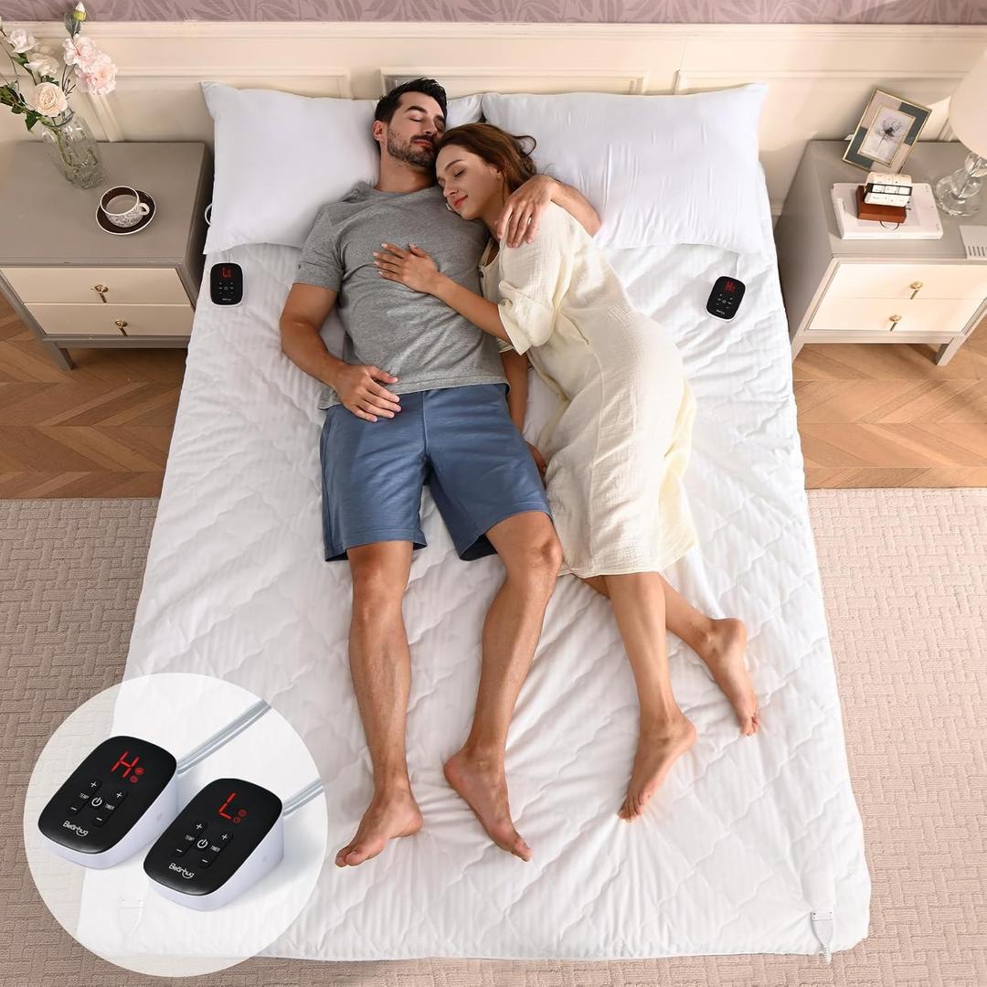 Bearhug Electric Heated Mattress Pads Queen Size Dual Controllers 6080 Waterproof Bed Warmer 21 Deep Pocket 10 Heat Settings 12-Hour Timer Machine Washable White
