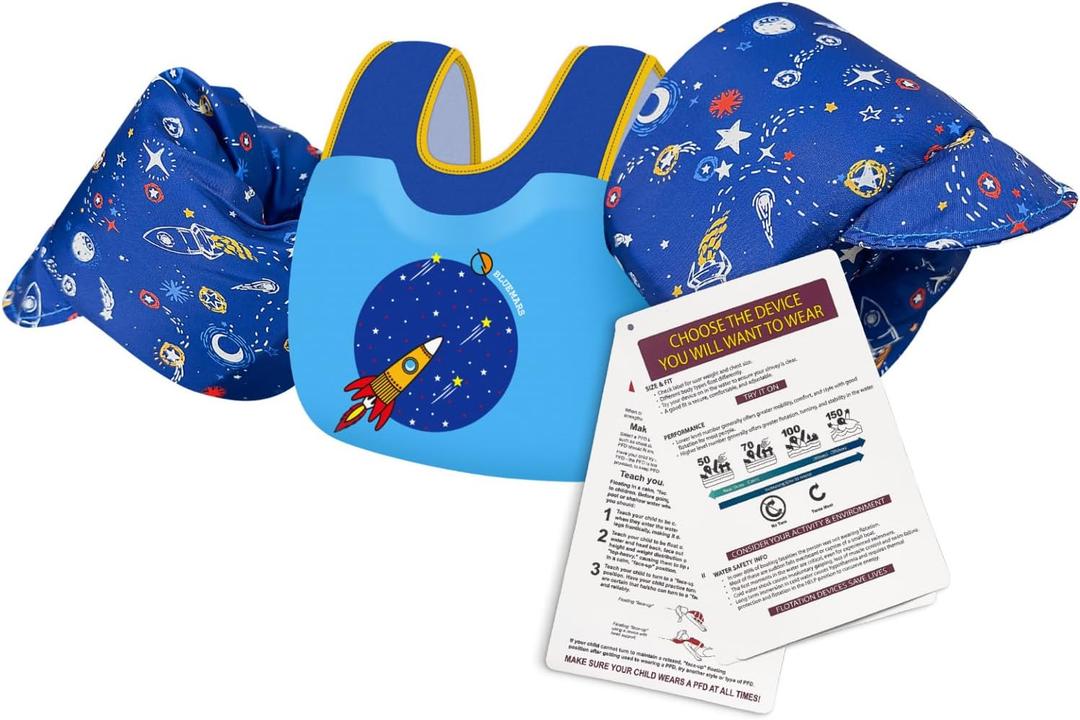 BLUEMARS USCG Toddler Life Jacket Swim Vest for Age 1/2/3/4/5/6 Years Old, Coast Guard Approved Toddler Floaties for Pool Swimming, Boating, Kids Arm Water Wings for Children 30-50 lbs (Rocket)