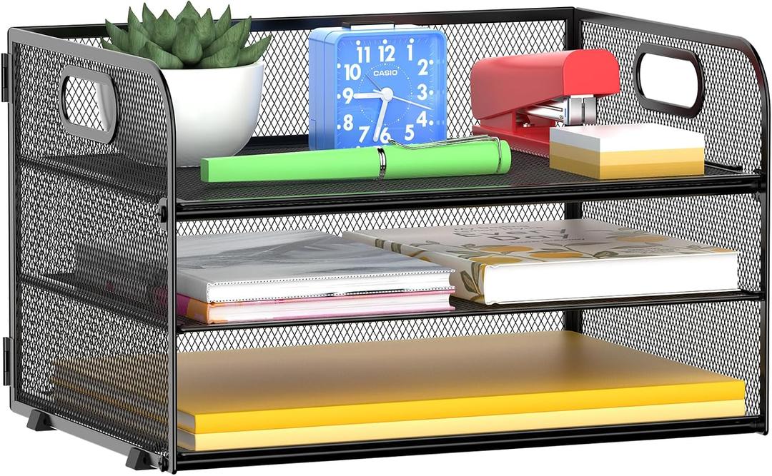 3 Tier Paper Organizer Tray with Handle, Mesh Letter Tray for Office, Home, School (1 Pack), Black (12.8" x 9" x 7.5")