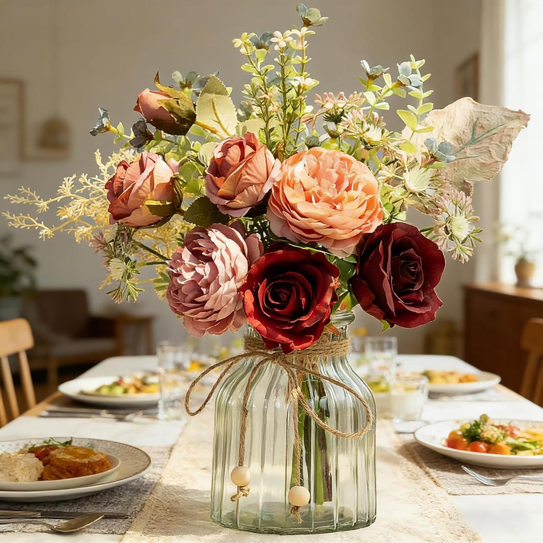 LSEING Fall Flowers Artificial with Vase for Centerpiece,Fake Silk Orange Rose Flower Arrangement in Glass Vase for Home Office Table Decoration (Orange)