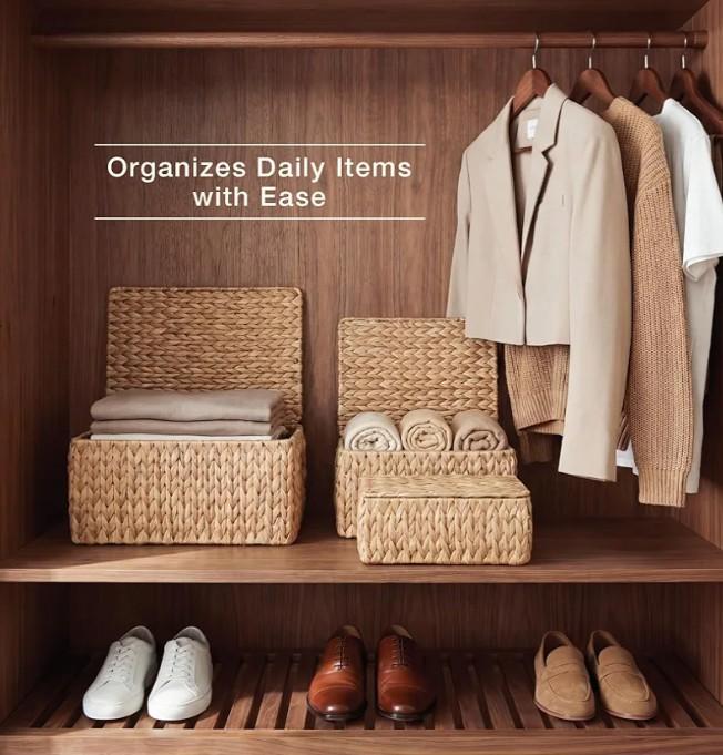 84ECO Set of 3 Wicker Baskets with Lid - Woven Storage Basket with Lid - Decorative Storage Boxes for Bathroom, Bedroom and Shelves