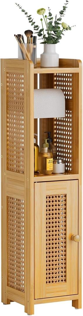 AmazerBath Toilet Paper Holder Cabinet, Bamboo Toilet Paper Holder Stand for Bathroom, Small Toilet Paper Storage Cabinet with Rattan Door, 30.3x7.8x7 inches
