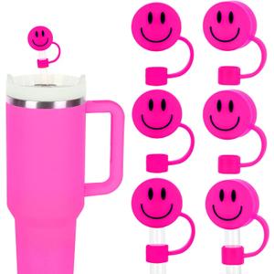 3 x Whaline 6Pcs Smiling Face Straw Covers - Hot Pink Silicone Reusable Topper, Double Sided Pattern Tip Covers 10mm 0.4 Inch for 30 & 40 OZ Tumbler with Handle