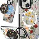 for iPhone 14 Plus Case for Women - Girls Kawaii Design Compatible with Magsafe Magnetic Ring Holder Stand Retro Flower Phone Covers Aesthetic Girly TPU Funda for 14 Plus