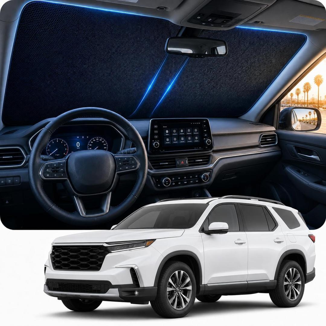 [2026 Upgraded] DooGooCoo Windshield Sun Shade for Honda Pilot 2016-2025 2026 [Cooling Ice-Crystal, 100% Sun Block ] Sun Shade for Car Windshield for Honda Pilot Sunshade, Custom Fit for Pilot.