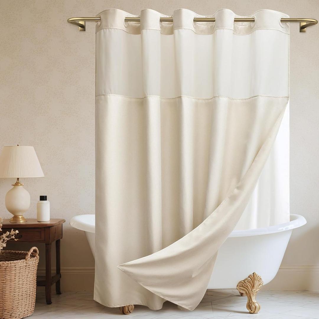 No Hook Cream Shower Curtain and Liner, Linen-Look Polyester Textured Shower Curtain with Snap in Liner, Waterproof & Washable Bath Curtains for Bathroom, 71Wx74H