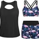 Yonique Tankini Swimsuits for Women 3 Piece Bathing Suits Swim Tank Top with Boy Shorts and Bra Modest Swimwear Size XXS