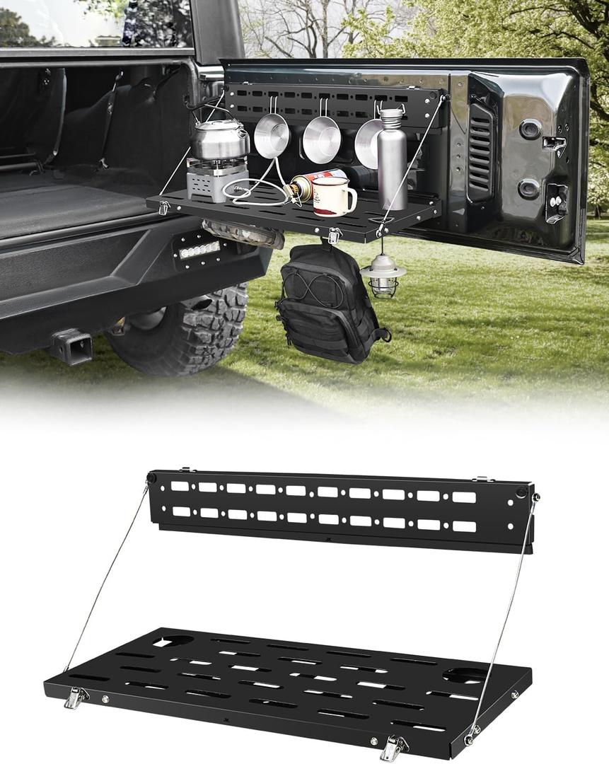 JROAD Non-Destructive Installation Wrangler JK Tailgate Table for 2007-2018 Jeep Wrangler JK JKU Rear Door Foldable Storage Shelf MOLLE Panel Tailgate Storage Cargo Rack