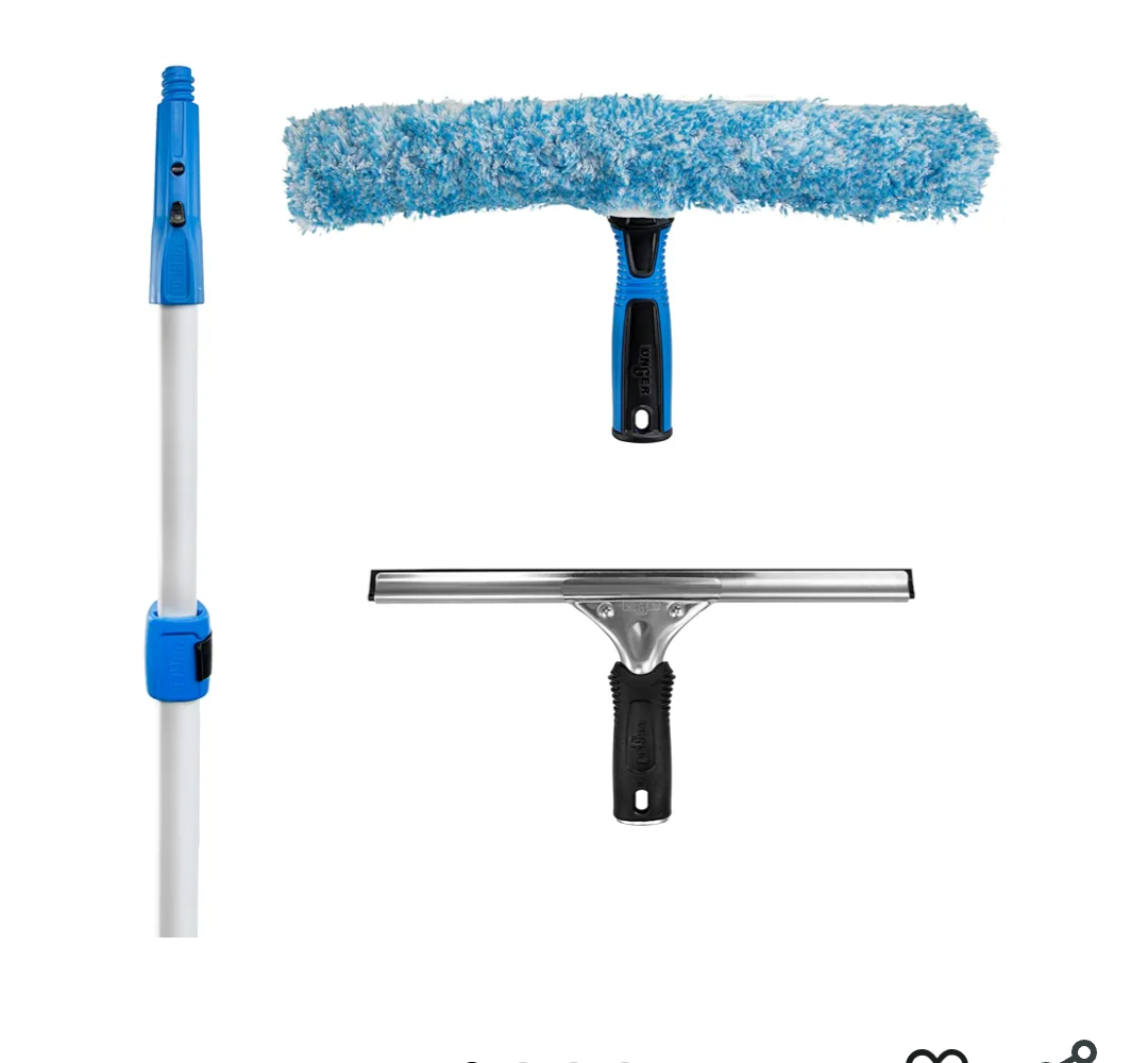 Unger Professional Connect and Clean Total Pro Cleaning Kit, All-in-One Household Window Washing with Streak-Free Results, Includes 12” Squeegee, 14” Scrubber Washer, Telescopic Pole Extends Up to 6’