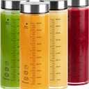 Glass Juice Bottles 4 Pack 20 oz - Wide Mouth Glass Water Bottles with Lids - for Juicing, Protein, Smoothie, Milk, Reusable, BPA Free, Stainless Steel Lids, Blender, Shaker Bottle (600ml)