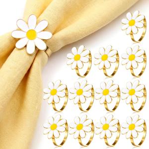 Yungyan 12 Pcs Daisy Napkin Rings Bulk White Flower Napkin Ring Holders Spring Party Table Decor Floral Serviette Buckles Spring Party Favor Gift for Garden Wedding Holiday Family Dinner (Grace)