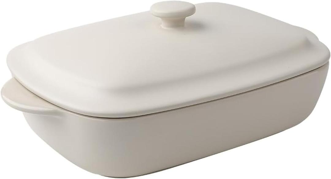 Ceramic Casserole Dish with Lid,33oz Covered Rectangular Baking Dish with Lid,Deep Casserole Cookware Bakeware,Oven Safe and Dishwash Safe (White)