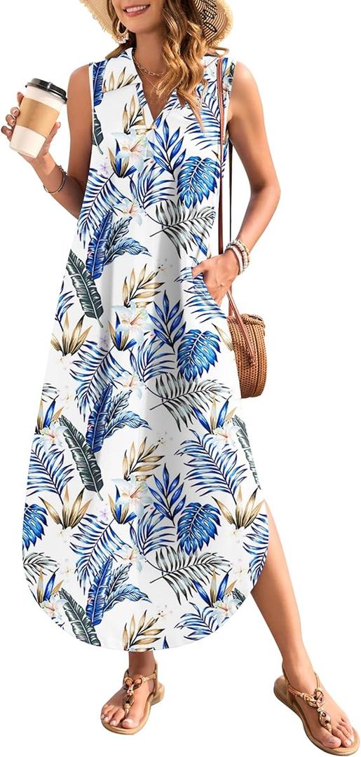 WNEEDU Summer Dresses for Women 2026 Maxi Dresses Casual Collared V-Neck Sleeveless Sundresses Split Beach Long Dress Travel Vacation Outfits,Floral Leaves S