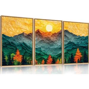 Abstract Mountain Framed Canvas Wall Art Set, Forest Pine Tree Golden Sunset Wall Decor, Mixed Patchwork Landscape Art Print for Living Room, Bedroom, Dining Room, Office - 24"x36"x3