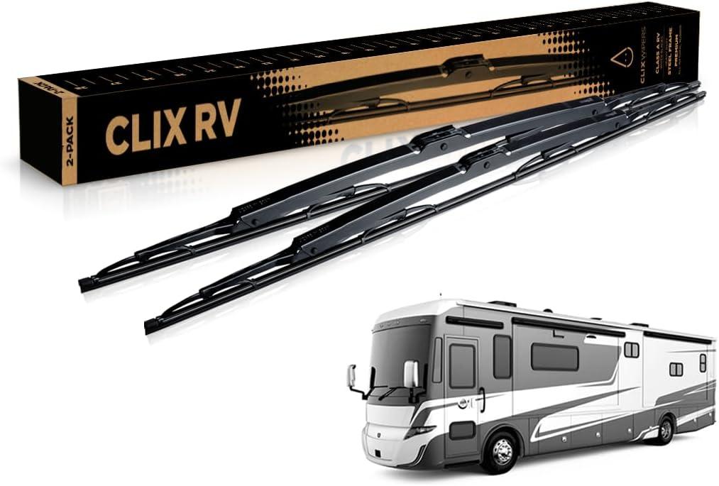 ClixWipers RV 2-Pack 28" + 28" Class-A OEM Heavy Duty Replacement All-Weather Steel Windshield Wipers for Jumbo Hook Arms - w/Saddle Adapter (Set of 2)