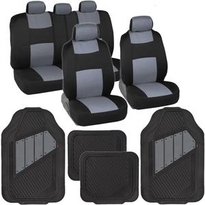 BDK PolyPro Black & Grey Car Seat Covers Full Set with Motor-Trend FlexTough All Weather Rubber Car Floor Mats - Front & Rear Split Bench Seat Covers for Cars & Matching Floor Mats for Car Interior