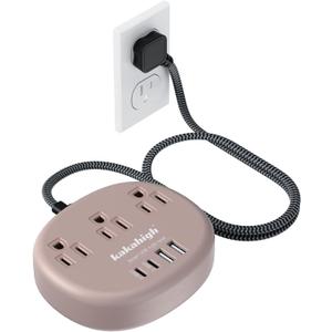 Brown Extension Cord with Surge Protected 1080J - 5 FT Flat Braided Extension Cord, 1625W Tan Extension Cord with 3 AC Outlet 4 USB (24W/4.8A), Compact for Brown Tan Wood Walnut Grain Desk Accessories