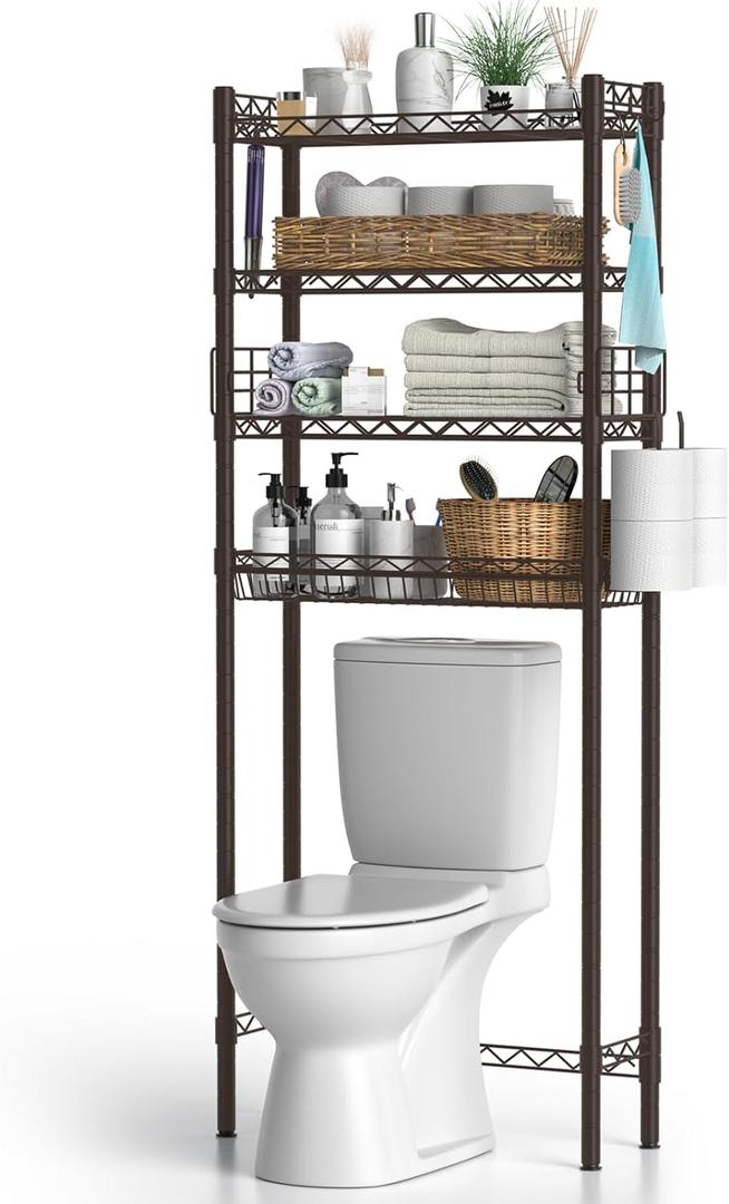 4-Tier Over Toilet Storage Shelf, Bathroom Organizer With Adjustable Freestanding Shelves, Space Saver Rack Above Toilet, Espresso