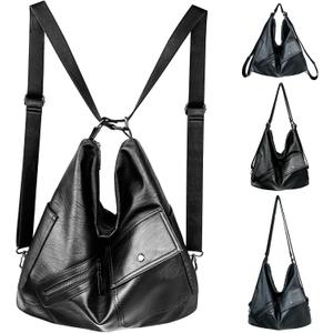 4-in-1 Convertible Crossbody Backpack Purse for Women, Large Soft Vegan Leather Casual Daily Work Travel Hobo Bag (PU Black)