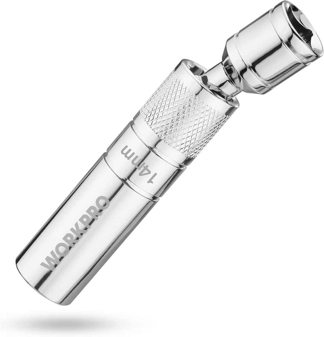 WORKPRO 14 mm Magnetic Spark Plug Socket with Magnetic Design, Swivel Thin Wall Spark Plug Socket, 3/8" Drive x 4" Total Length, 360 Degree Swivel, 12 Point