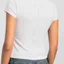 Womens Cap Sleeve Tops, Mock Neck Short Sleeve White Shirts, Ribbed Raw Hem Y2K Going Out Crop Top, Trendy Fitted Tee Shirt (White, L)