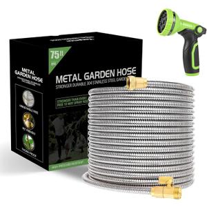 Metal Garden Hose 75 ft Water Hose 304 Stainless Flexible Lightweight Outdoor Yard Strong Durable Heavy Duty Hose Pipe with 10-Way Nozzle Solid 3/4" Brass Connectors No Kink Leakproof Outside