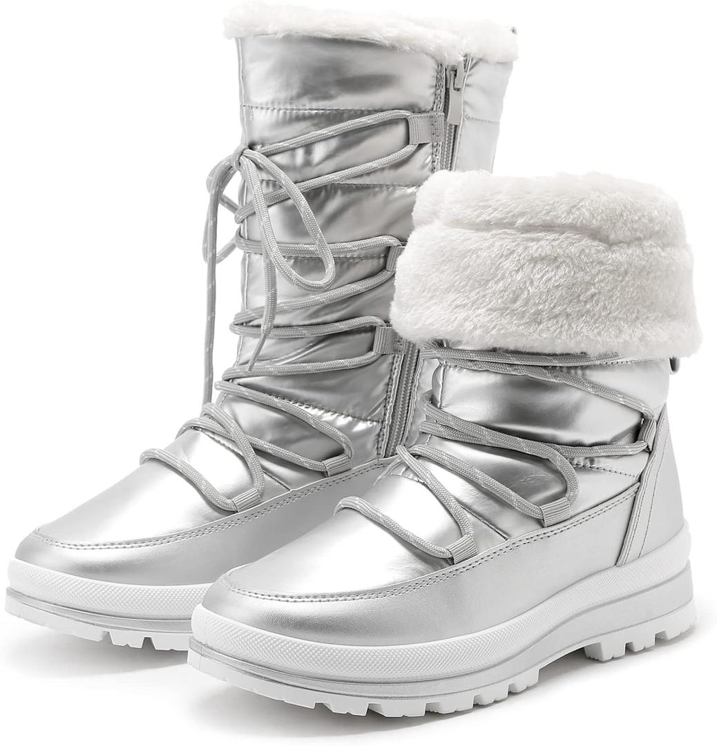HEAWISH Womens Winter Snow Boot Fur Lined Mid Calf Warm Boots (9, Silver)