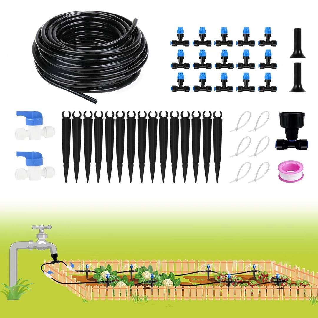 Depel Drip Irrigation Kit,49ft Quick Connect Garden Watering System Raised Bed Watering System Automatic Irrigation System with 1/4" Tubing, Sprinkler Nozzles for Greenhouse Patio Plants