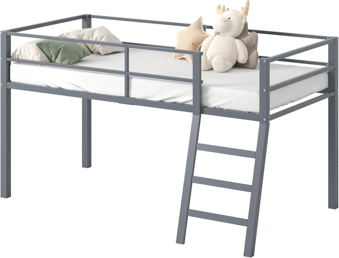 Low Metal Twin Loft Bed with Ladder and Guardrail for Kids or Teens, Space Saving Loft Bed Twin Size for Small Bedroom, Grey
