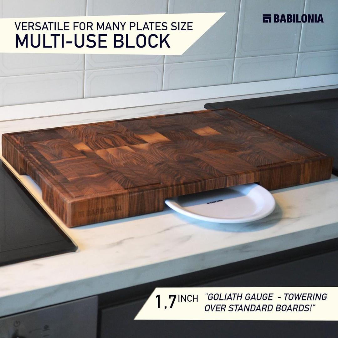 BABILONIA American Black-Walnut Cutting Board (ExtraThick 1,7"), Premium Quality & Professional Butcher Block. Heavy duty end-grain wood chopping board (Oil bottle & Plate included)