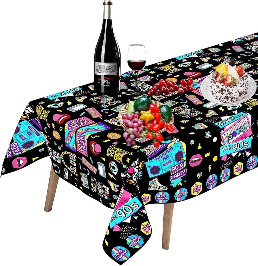 6x2.5ft 80s 90s Disco Tablecloth, Retro Cute Music Radio Table Cover, Waterproof Rectangle Washable Decoration, Back to 80s 90s Party Supplies