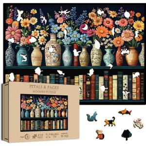 Wildflower Wooden Puzzles for Adults, PICKFORU Vintage Flower Book Jigsaw Puzzle for Book Lover, Bookshelf Unique Shapes Wood Puzzles