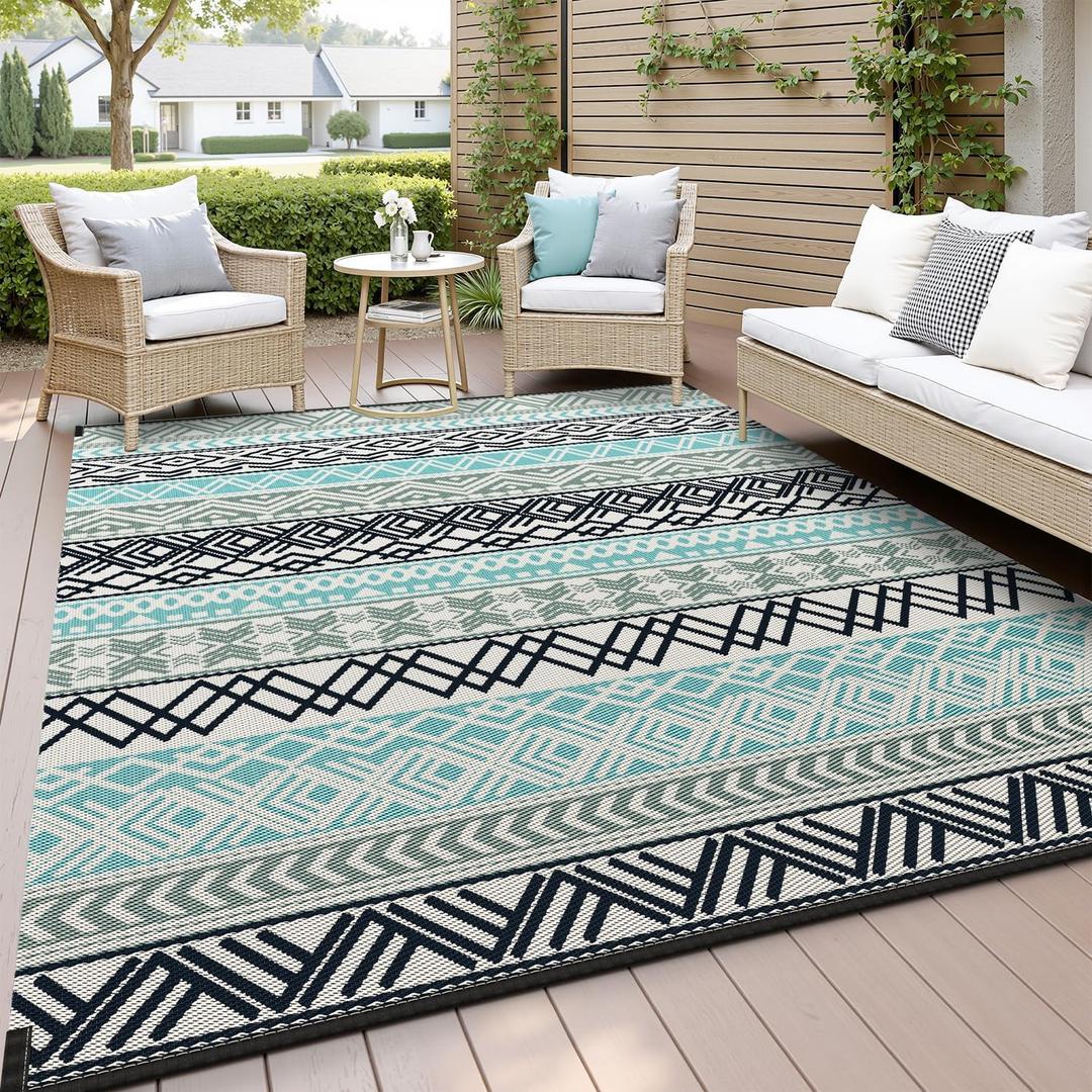 MontVoo Outdoor Rug Carpet Waterproof-Patio Rug Mat 5x8 Reversible RV Outdoor Camping Rugs Picnic Beach Mats Plastic Straw Outside Rugs for Balcony Porch Pool Deck Boho Patio Decor (Blue&grey)