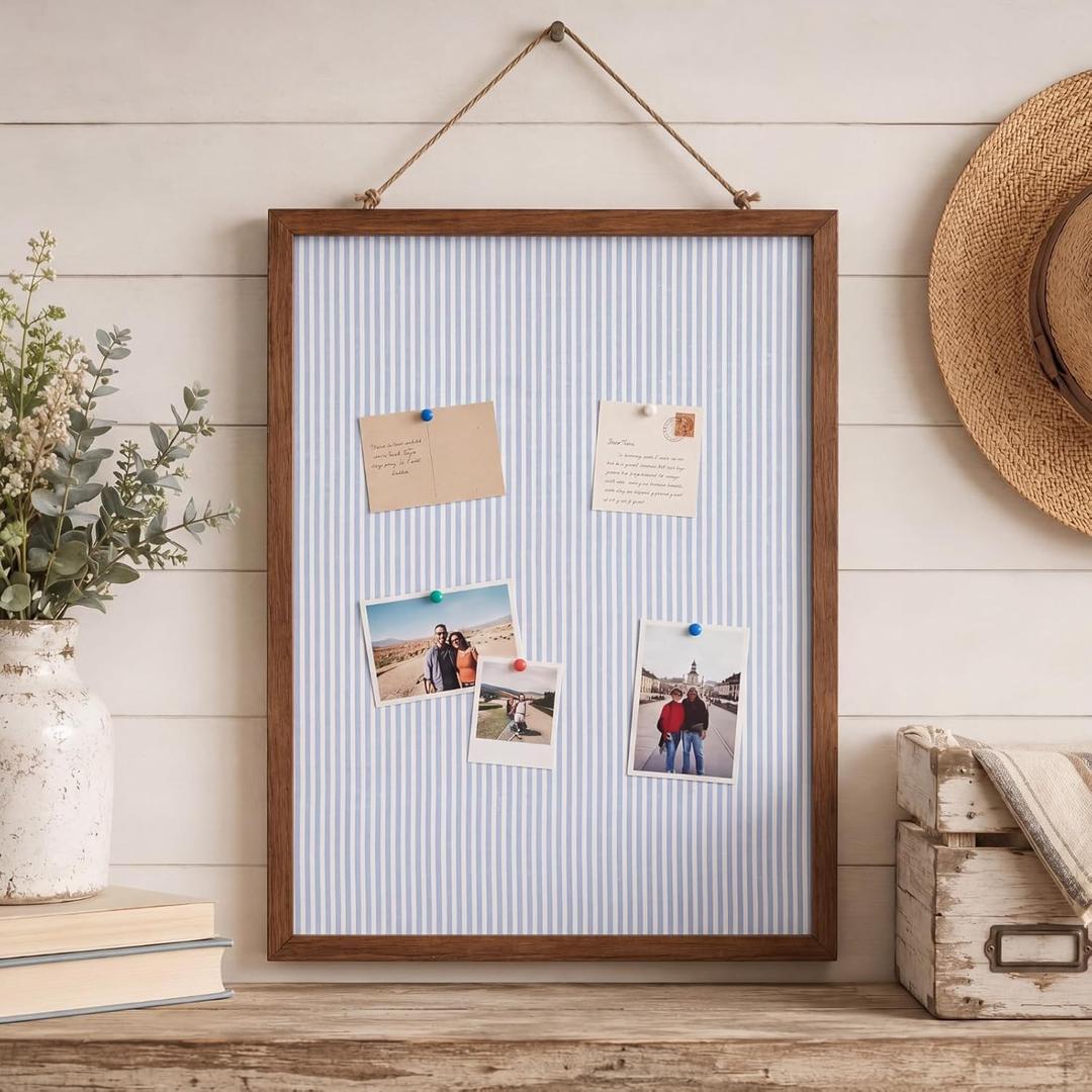 Leinuosen 17" x 23" Cork Bulletin Board, Blue Stripe, Wood Frame