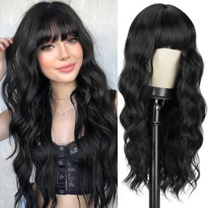 BOGSEA Black Wigs with Bangs Long Wig for Women Long Wavy Wigs with Bangs Synthetic Heat Resistant Fiber Wigs for Daily Party 24 Inch