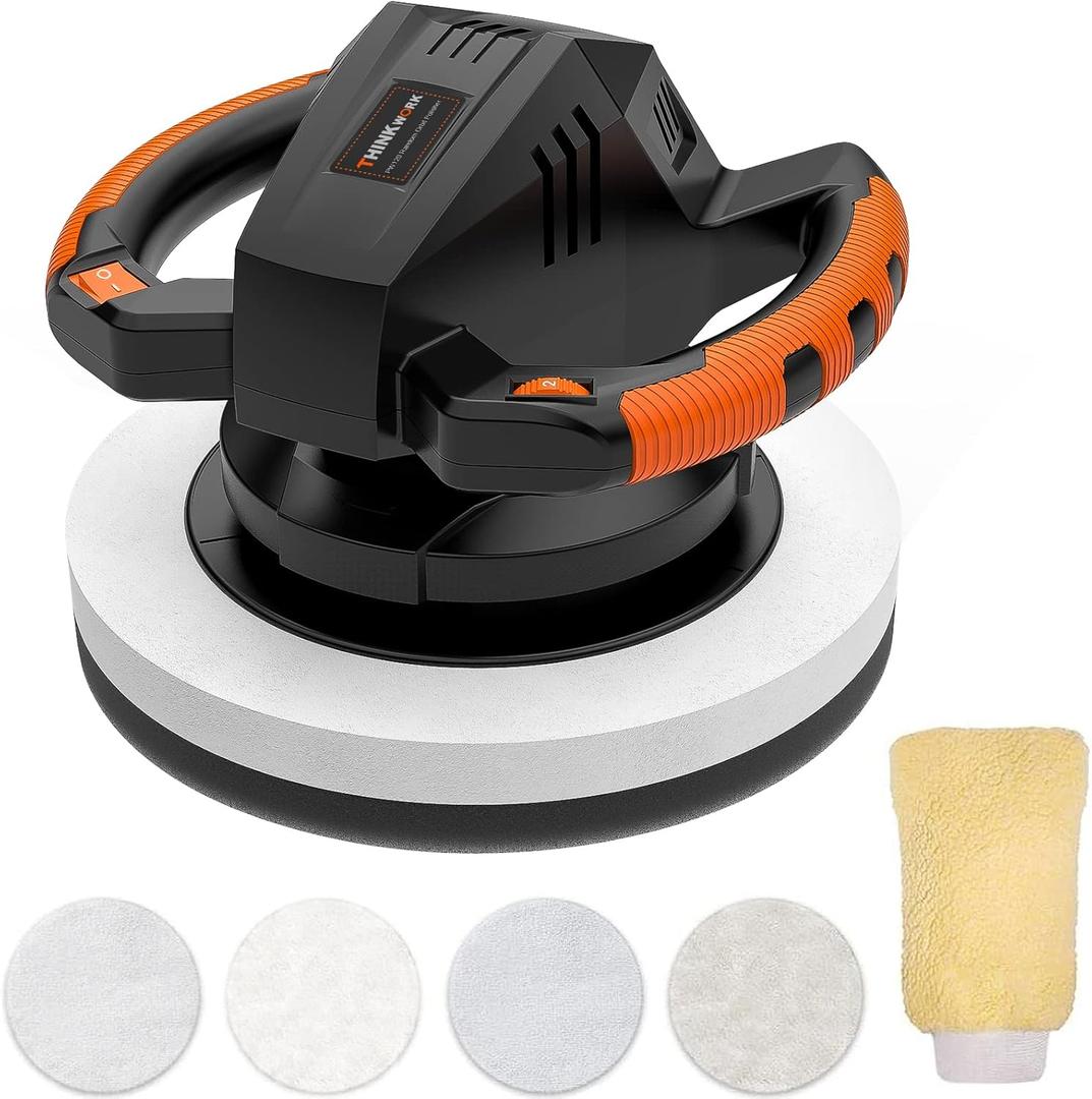 THINKWORK Buffer Polisher,10 Inch Car Polisher Sets with 4 Buffing and Polishing Bonnets,6 Variable Speed 1500-3600 RPM,Double Handle, Ideal for Car Waxing (Black & Orange & White)