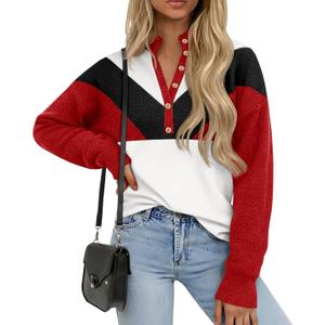 Saodimallsu Womens Color Block Sweaters Mock Neck Button Long Sleeve Knit Henley Shirts Loose Casual Pullover Tops (Medium, Red)