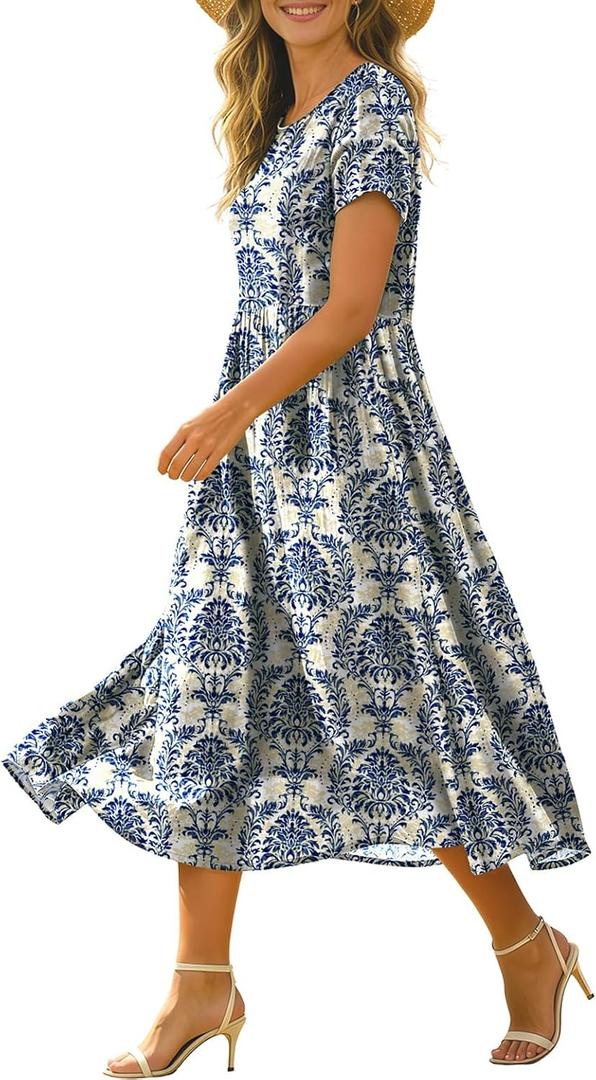 Women's Summer Casual Loose Dresses Cotton Boho Floral Midi Dress for Women Beach Vacation with Pockets HD1, M