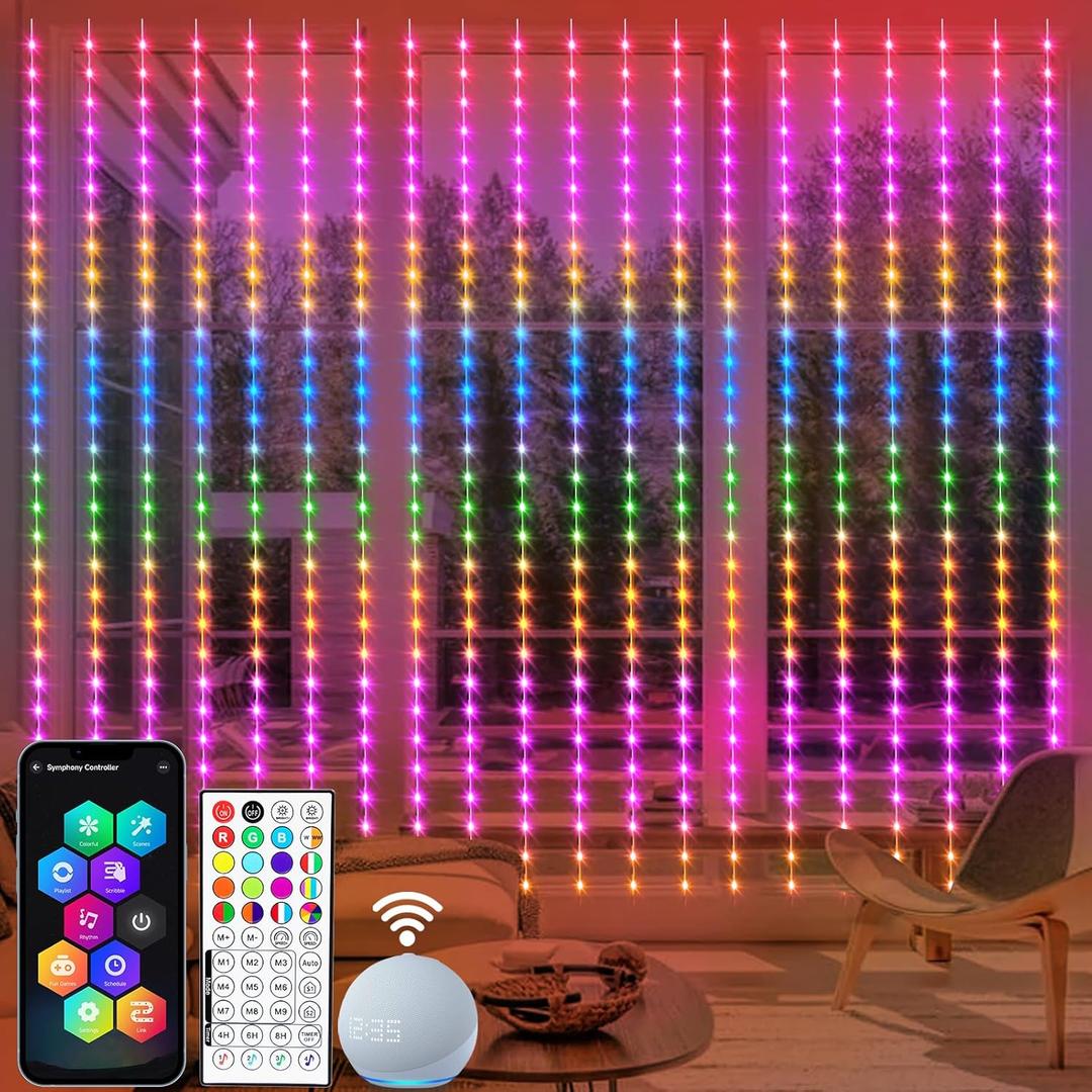 echosari Smart 600 LED Curtain Lights, 20Ft x 10Ft, Compatible with Alexa, App Control, DIY Fairy Lights, Dynamic for Backyard, Home, Wedding, Party Decor - RGB Color Changing IC (600LED RGB Built in Chip)