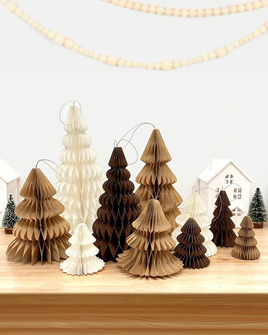 CORALMEE 10 Pcs Honeycomb Christmas Tree 4/6/8/10/12/14 Inch 3D Xmas Trees, 4 Styles Paper Honeycomb Decor White Beige Brown,Table Centerpiece Paper Ornaments for Home Xmas Holiday Party Decorations