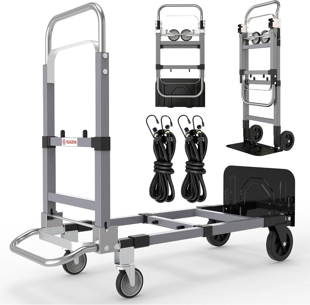 Suzhi Convertible Hand Truck Dolly Cart with Wheels Heavy Duty/with 4 Wheels / 500Lbs Load, 2 Straps for Furniture/Appliance/Carton/Warehouse/Office/no Need to Install, Easy to fold as Video