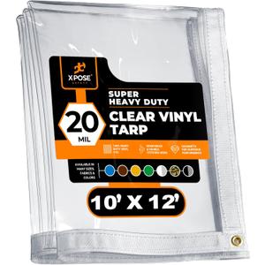 10' x 12' Clear Vinyl Tarp - Super Heavy Duty 20 Mil Transparent Waterproof PVC Tarpaulin with Brass Grommets - for Patio Enclosure, Camping, Outdoor Tent Cover, Porch Canopy - by Xpose Safety