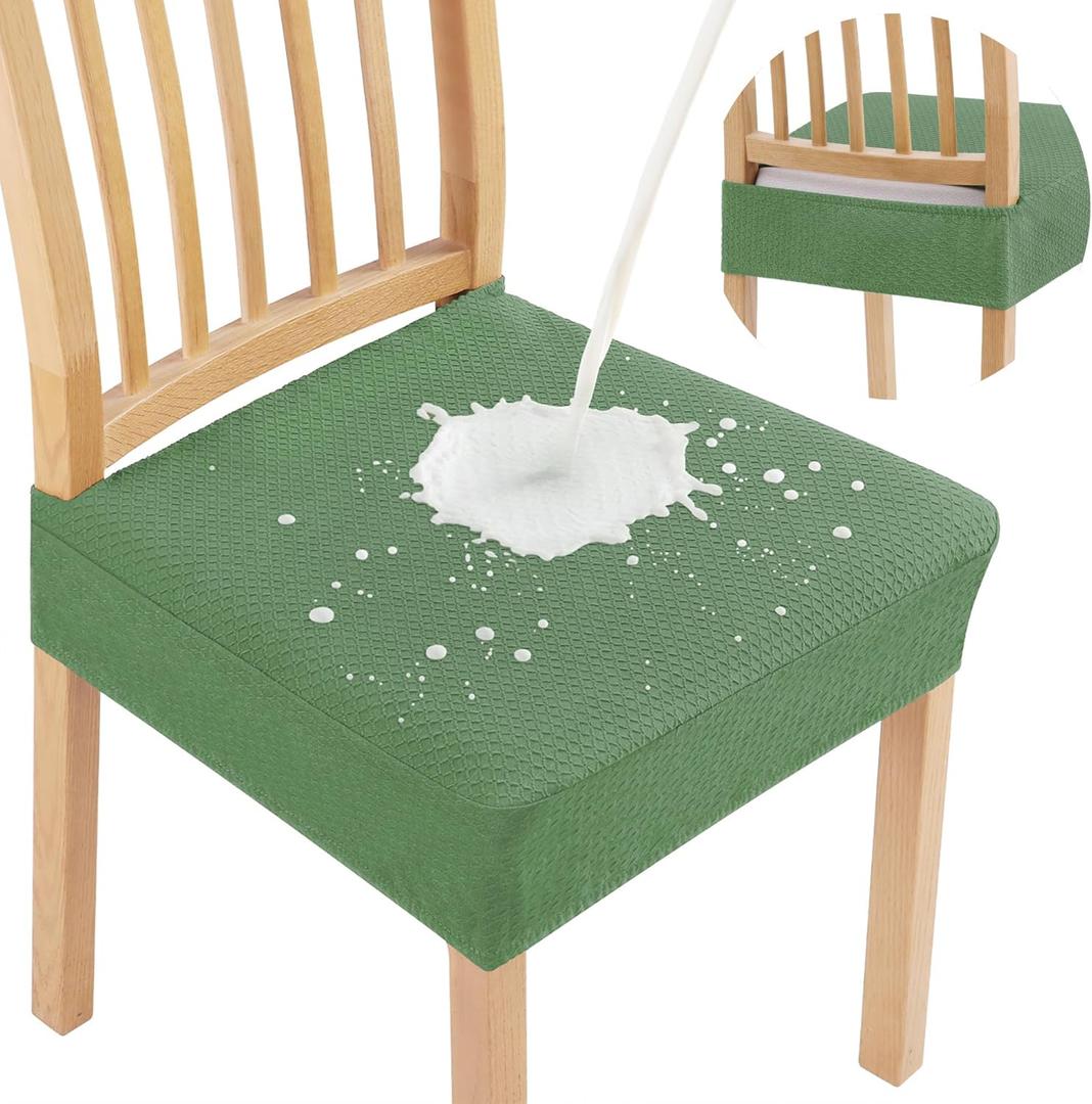 Smiry Waterproof Seat Covers for Dining Room Chairs Set of 4, Stretch Jacquard Removable Washable Chair Seat Slipcovers Protector, No Rear Covers, Green