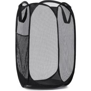 Handy Laundry Collapsible Mesh Pop Up Hamper with Wide Opening and Side Pocket - Breathable, Sturdy, Foldable, and Space-Saving Design for Clothes and Storage (Black)
